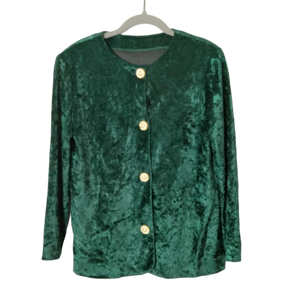 Vintage 80s Green Crushed Velvet Blazer Oversized Gold Buttons Collarless